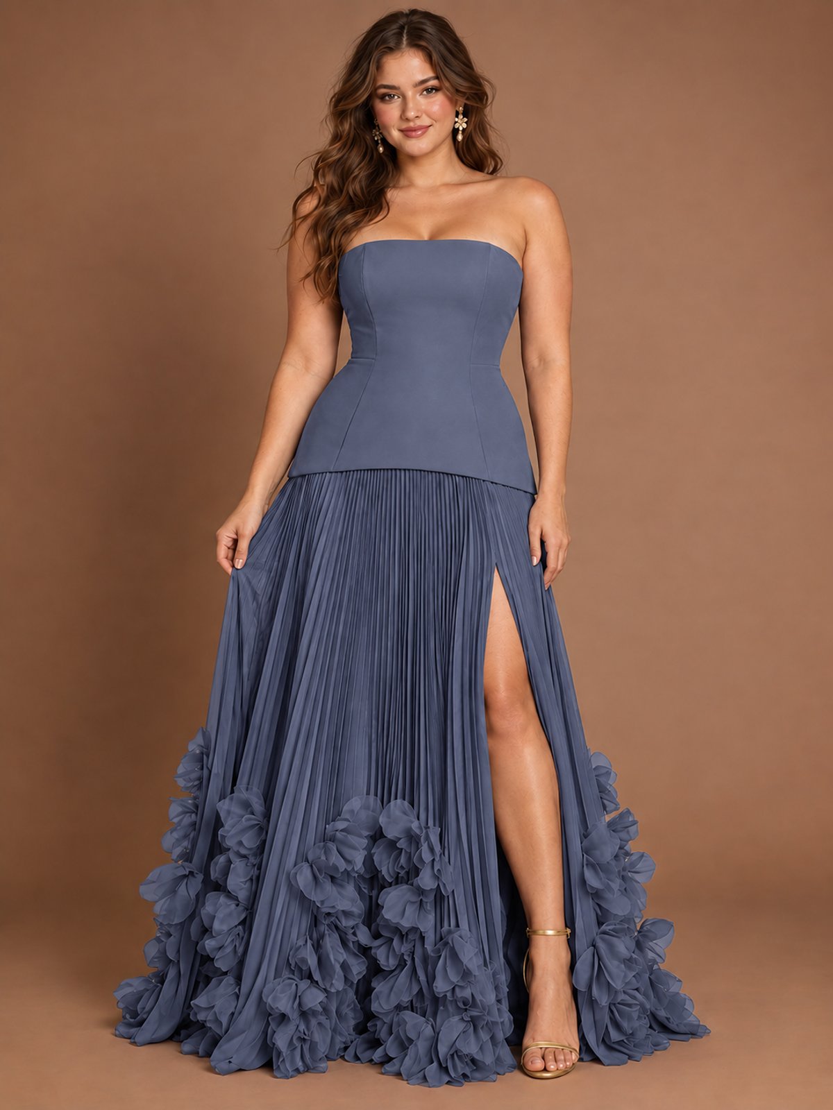 Strapless Pleated Floral Satin Formal Dress with Side Slit