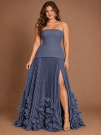 Strapless Pleated Floral Satin Formal Dress with Side Slit