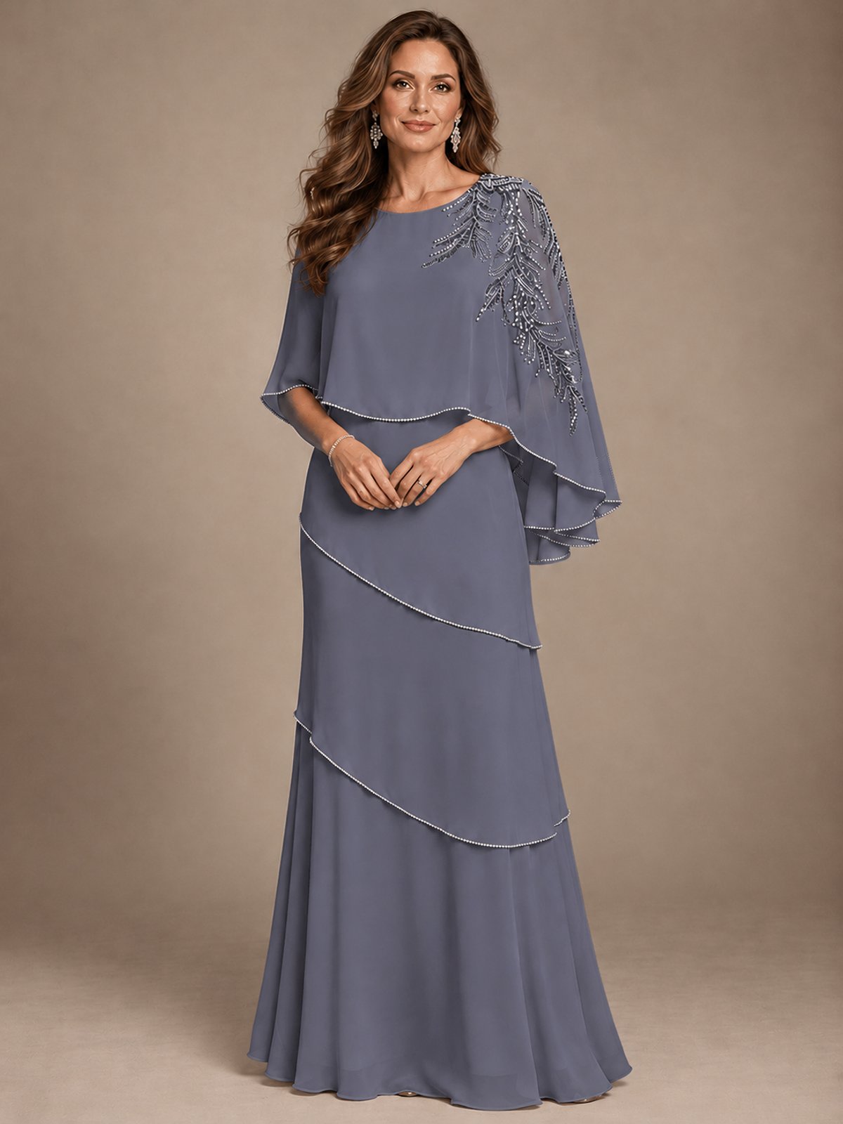 Elegant Chiffon Cape Sleeve Beaded Mother of the Bride Dress