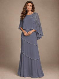 Elegant Chiffon Cape Sleeve Beaded Mother of the Bride Dress