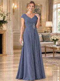 Pleated Chiffon Lace Mother of The Bride Dresses with Beading Cap Sleeves