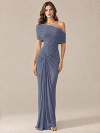Elegant Draped Off Shoulder Ruched Mermaid Chiffon Formal Evening Gown