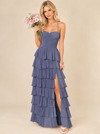 Ruffled Tiered Chiffon Prom Dress Spaghetti Straps Formal Maxi Dress with Slit