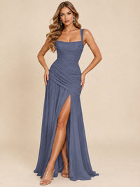 Wrap Pleated Prom Dress Scoop Neck with Slit Women Wedding Formal Dress