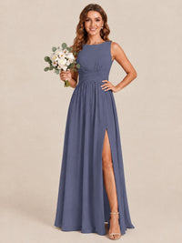 A-line Sleeveless Rucehd Chiffon Bridesmaid Dress with High Slit