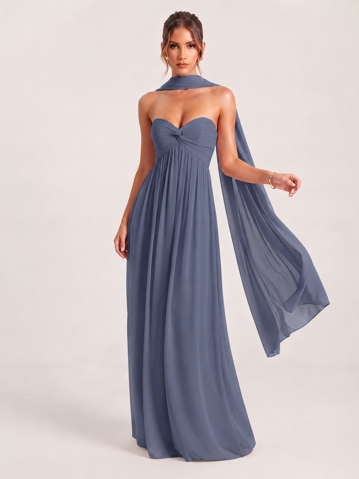 Stormy Blue Strapless Ruched Chiffon Long Prom Dress with Scarf A-line Sweetheart Ruffled Formal Wedding Guest Dress Evening Gown