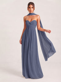 Stormy Blue Strapless Ruched Chiffon Long Prom Dress with Scarf A-line Sweetheart Ruffled Formal Wedding Guest Dress Evening Gown