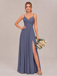 Stormy Blue Spaghetti Straps Pleated Chiffon Bridesmaid Dress with Slit V-Neck A-line Long Formal Evening Wedding Guest Gown