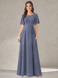 Stormy Blue Scoop Neck A-line Chiffon Bridesmaid Dress with Belt Flutter Sleeve Formal Wedding Guest Dress Evening Gown