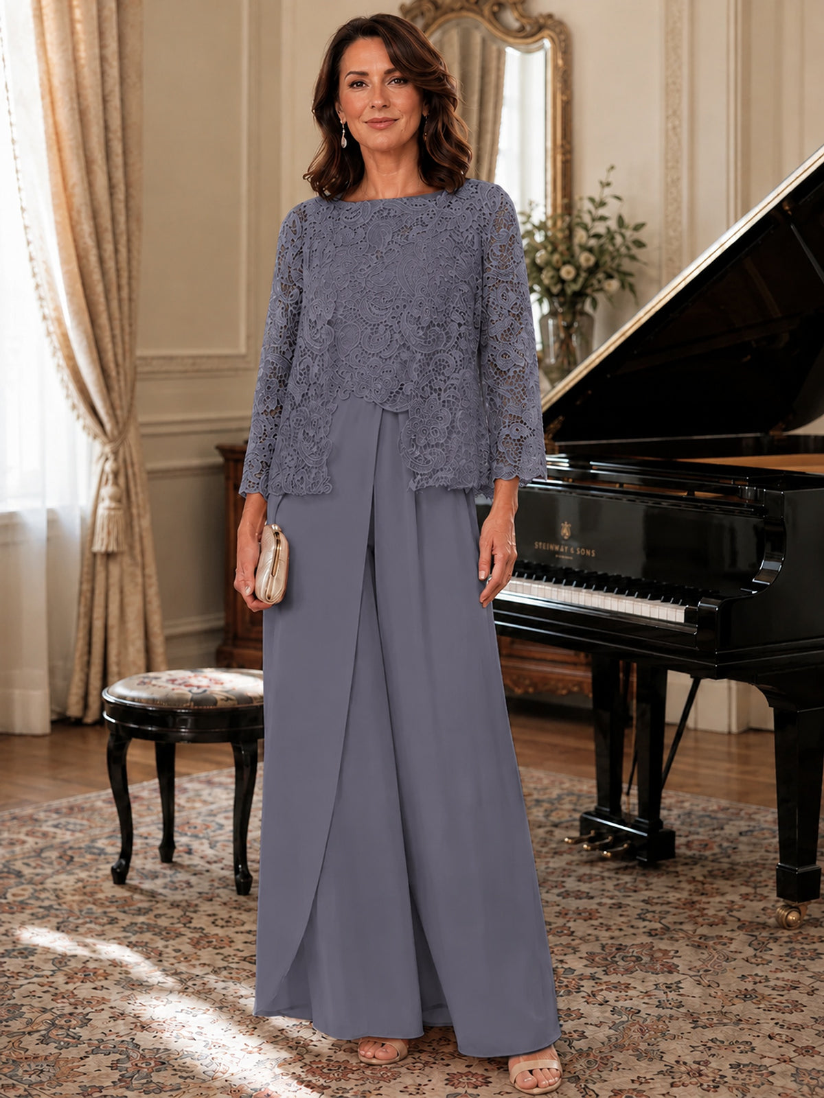 Elegant 3-Piece Chiffon Mother of the Bride Pantsuit with Floral Applique Jacket
