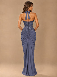 Sweetheart Halter Prom Dress Pleated Lace Floral Formal Dress with Slit