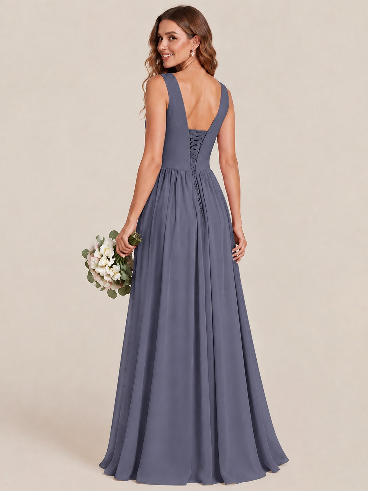 A-line Sleeveless Rucehd Chiffon Bridesmaid Dress with High Slit