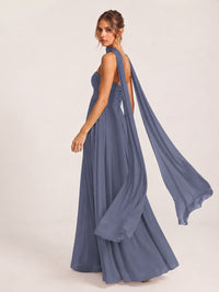Strapless Ruched Chiffon Long Prom Dress with Scarf