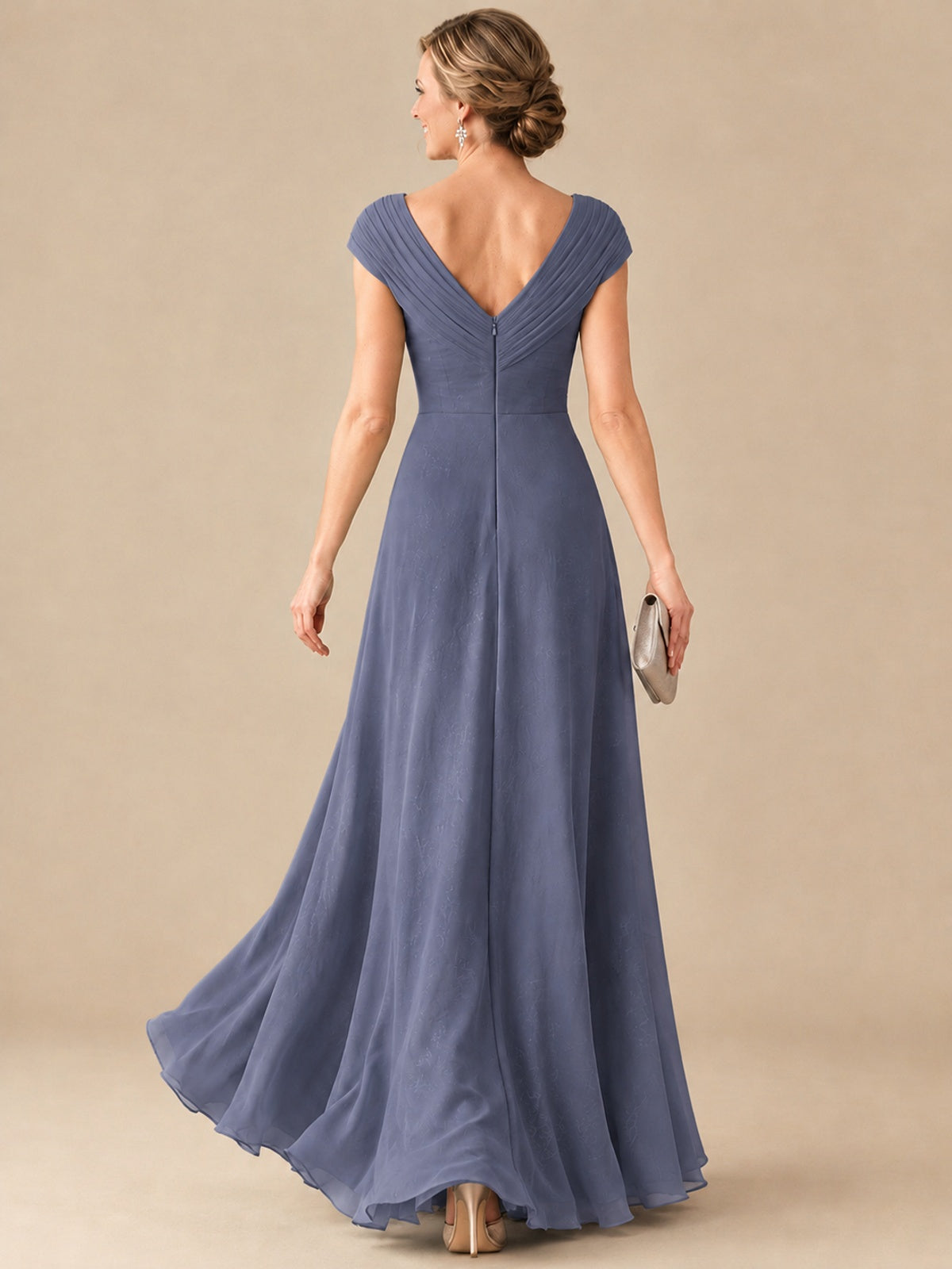 Pleated Chiffon Lace Mother of The Bride Dresses with Beading Cap Sleeves