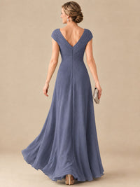 Pleated Chiffon Lace Mother of The Bride Dresses with Beading Cap Sleeves