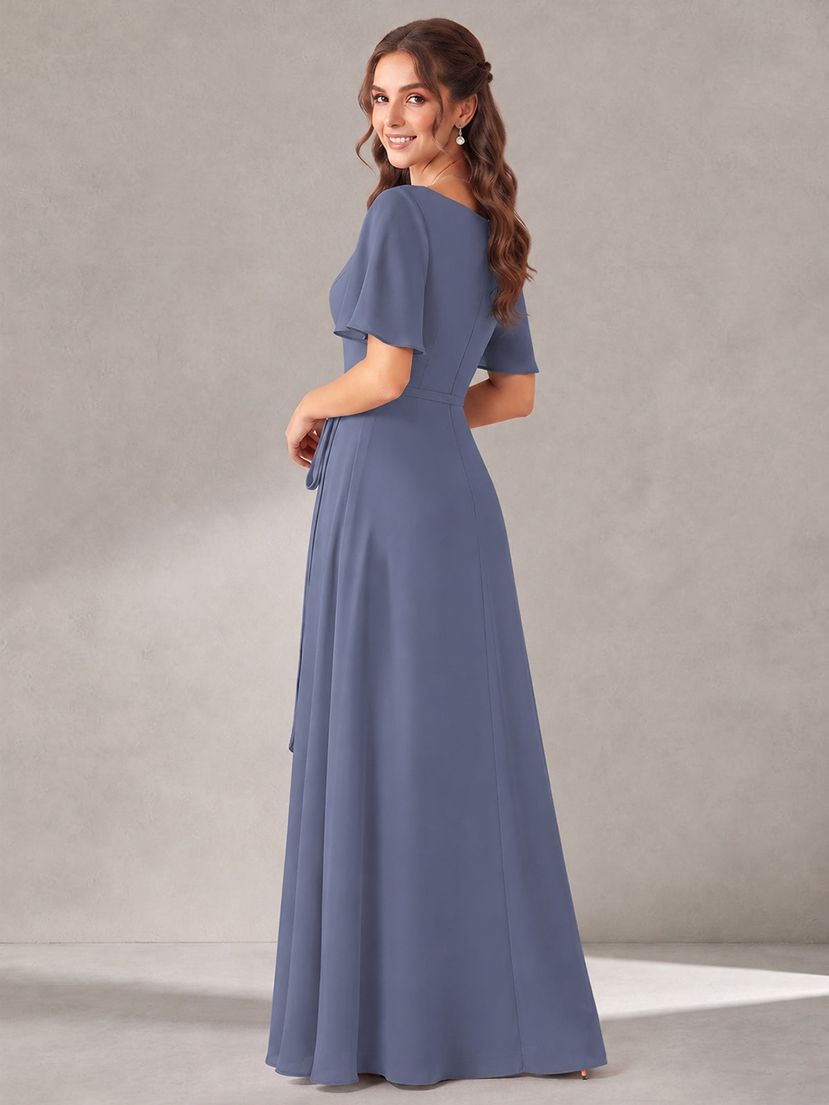 Scoop Neck A-line Chiffon Bridesmaid Dress with Flutter Sleeve & Belt