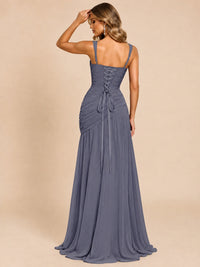 Wrap Pleated Prom Dress Scoop Neck with Slit Women Wedding Formal Dress