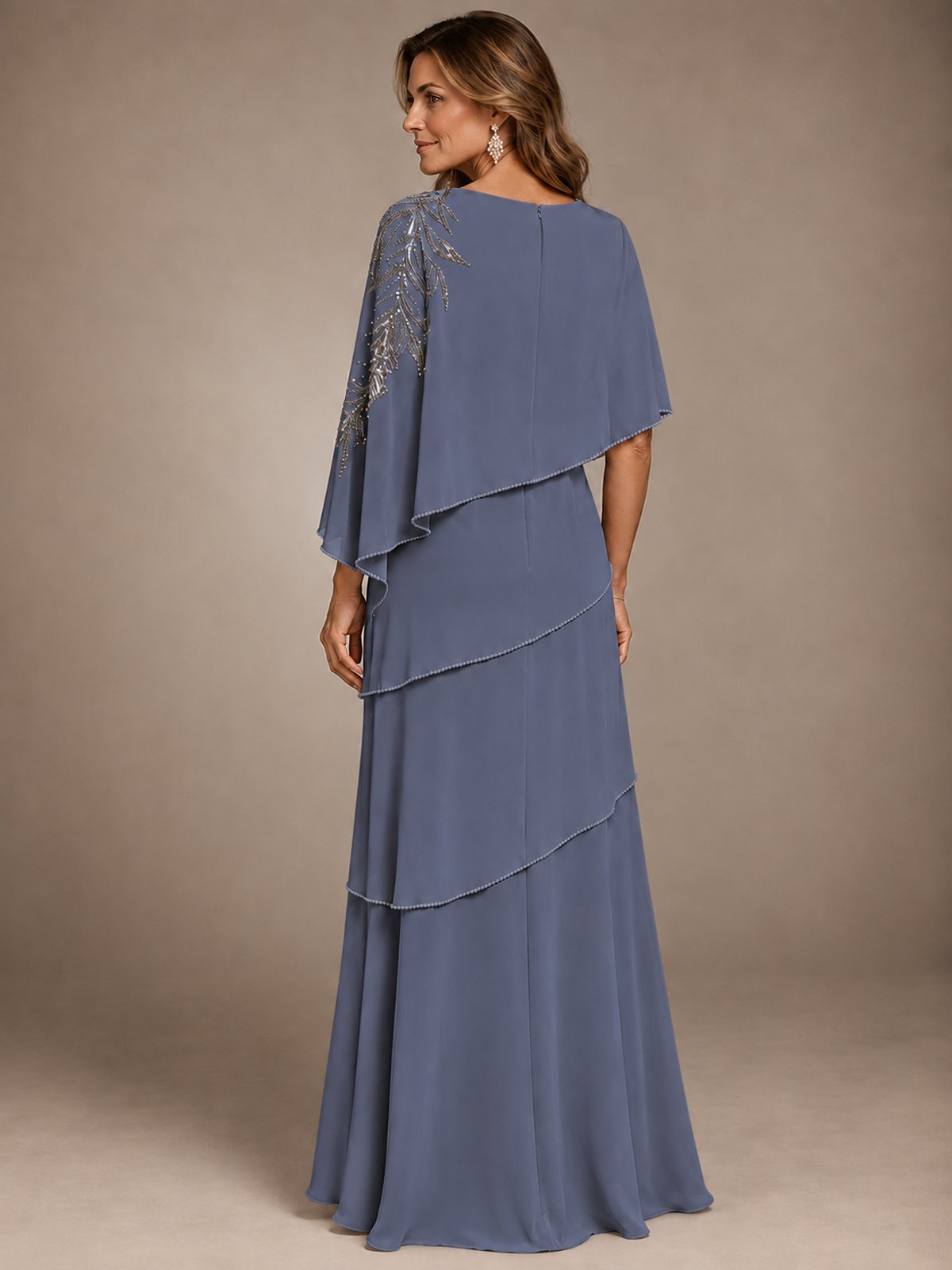 Elegant Chiffon Cape Sleeve Beaded Mother of the Bride Dress