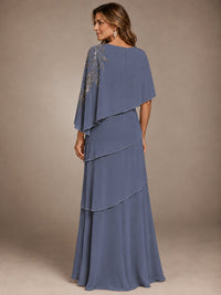 Elegant Chiffon Cape Sleeve Beaded Mother of the Bride Dress