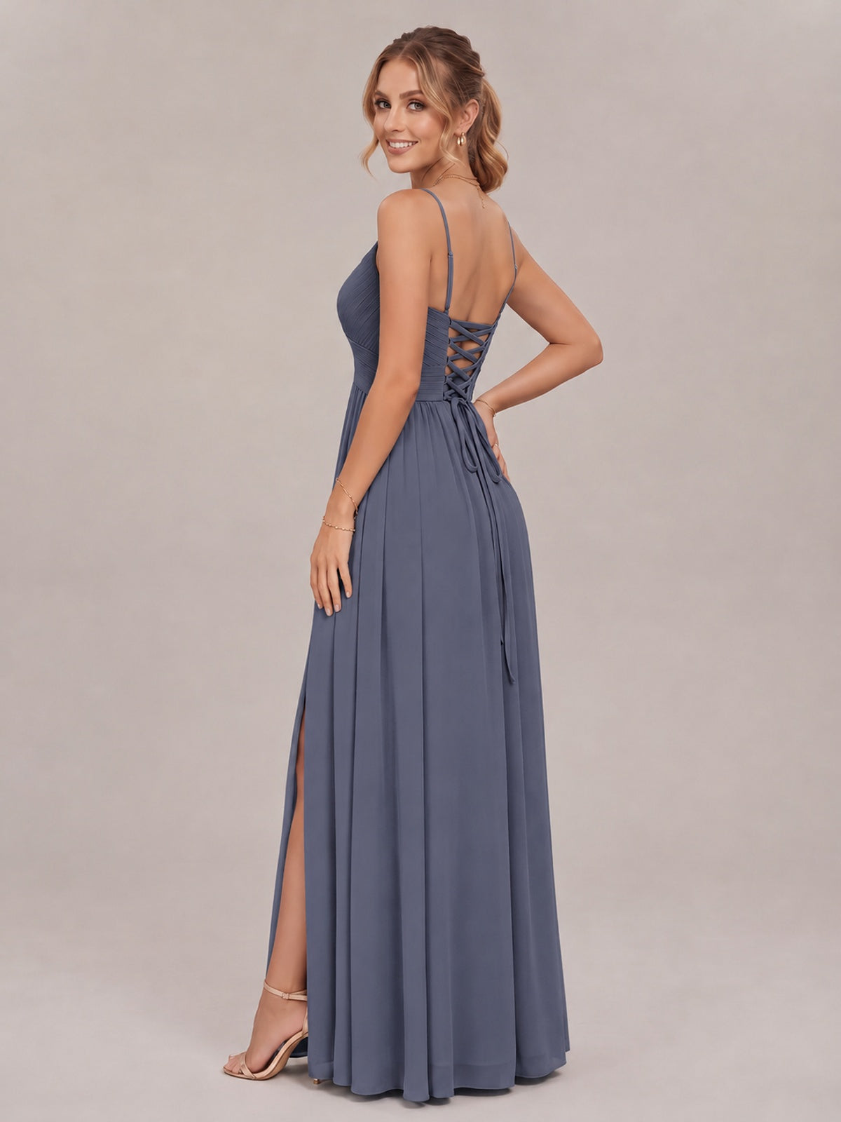V-Neck Pleated Chiffon Long Bridesmaid Dress with Slit