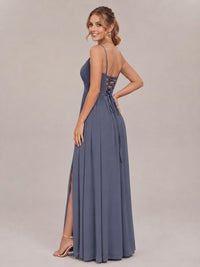 V-Neck Pleated Chiffon Long Bridesmaid Dress with Slit