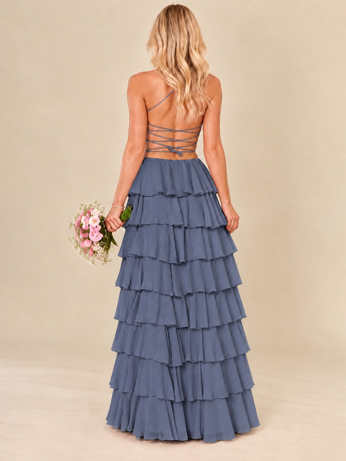 Ruffled Tiered Chiffon Prom Dress Spaghetti Straps Formal Maxi Dress with Slit