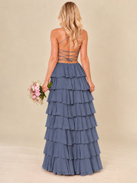 Ruffled Tiered Chiffon Prom Dress Spaghetti Straps Formal Maxi Dress with Slit