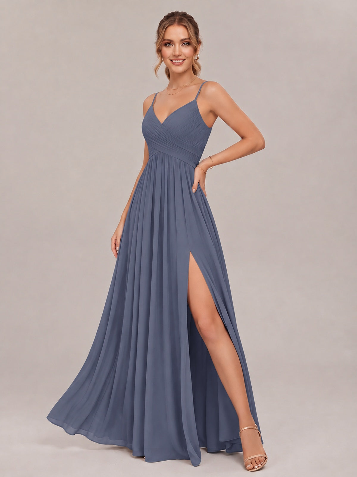 V-Neck Pleated Chiffon Long Bridesmaid Dress with Slit
