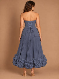 Navy Blue Strapless Pleated A-Line Midi Dress with 3D Floral Applique