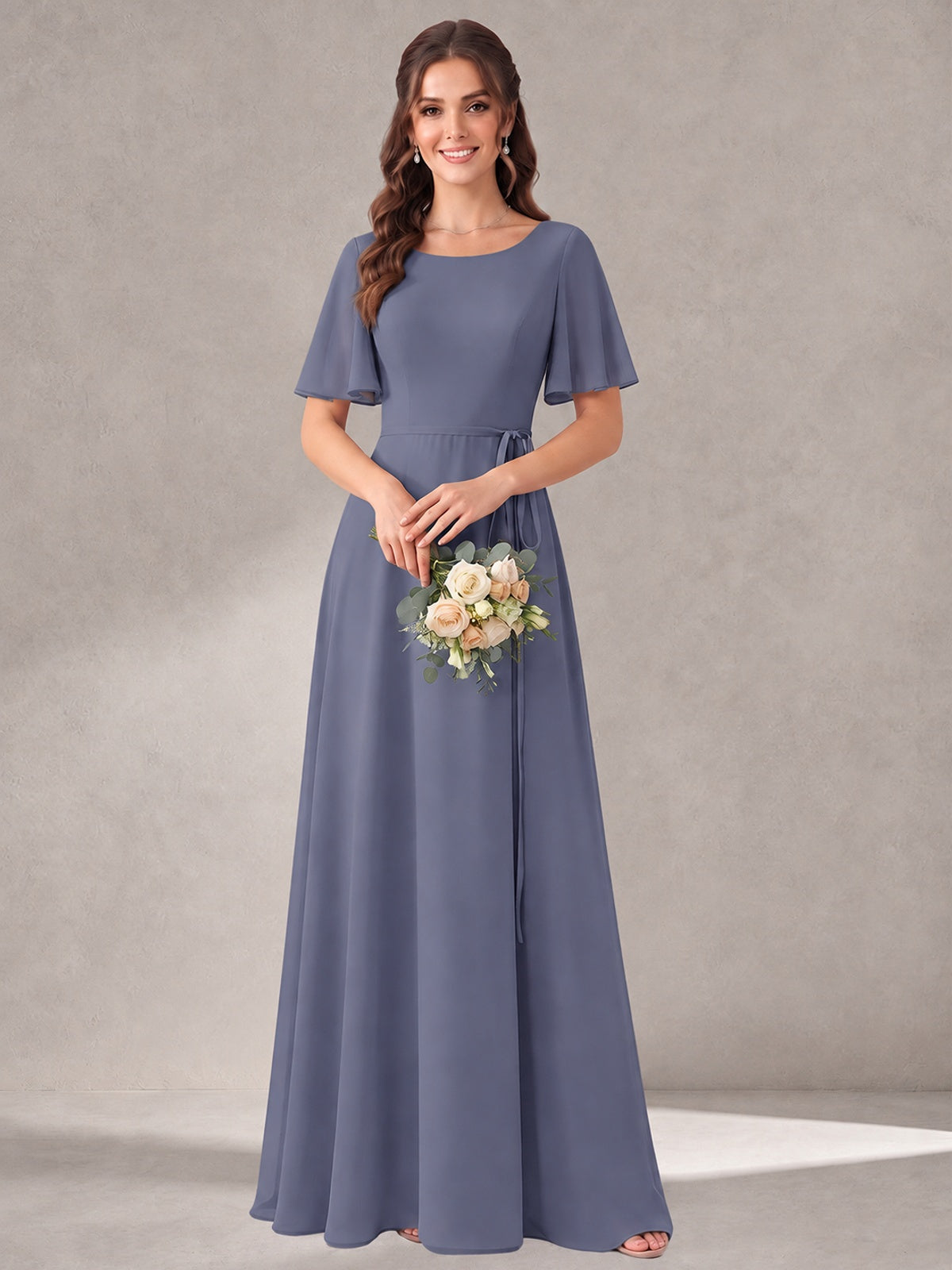 Scoop Neck A-line Chiffon Bridesmaid Dress with Flutter Sleeve & Belt