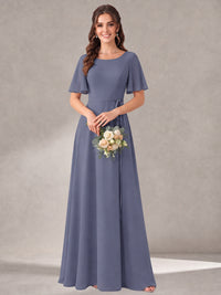 Scoop Neck A-line Chiffon Bridesmaid Dress with Flutter Sleeve & Belt
