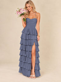Ruffled Tiered Chiffon Prom Dress Spaghetti Straps Formal Maxi Dress with Slit