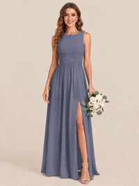 A-line Sleeveless Rucehd Chiffon Bridesmaid Dress with High Slit