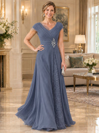 Pleated Chiffon Lace Mother of The Bride Dresses with Beading Cap Sleeves