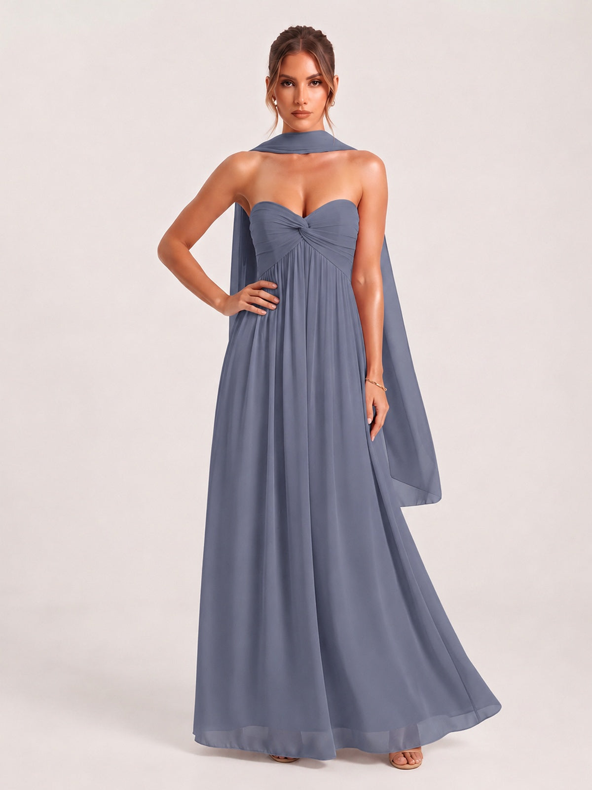 Strapless Ruched Chiffon Long Prom Dress with Scarf