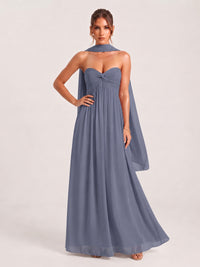 Strapless Ruched Chiffon Long Prom Dress with Scarf