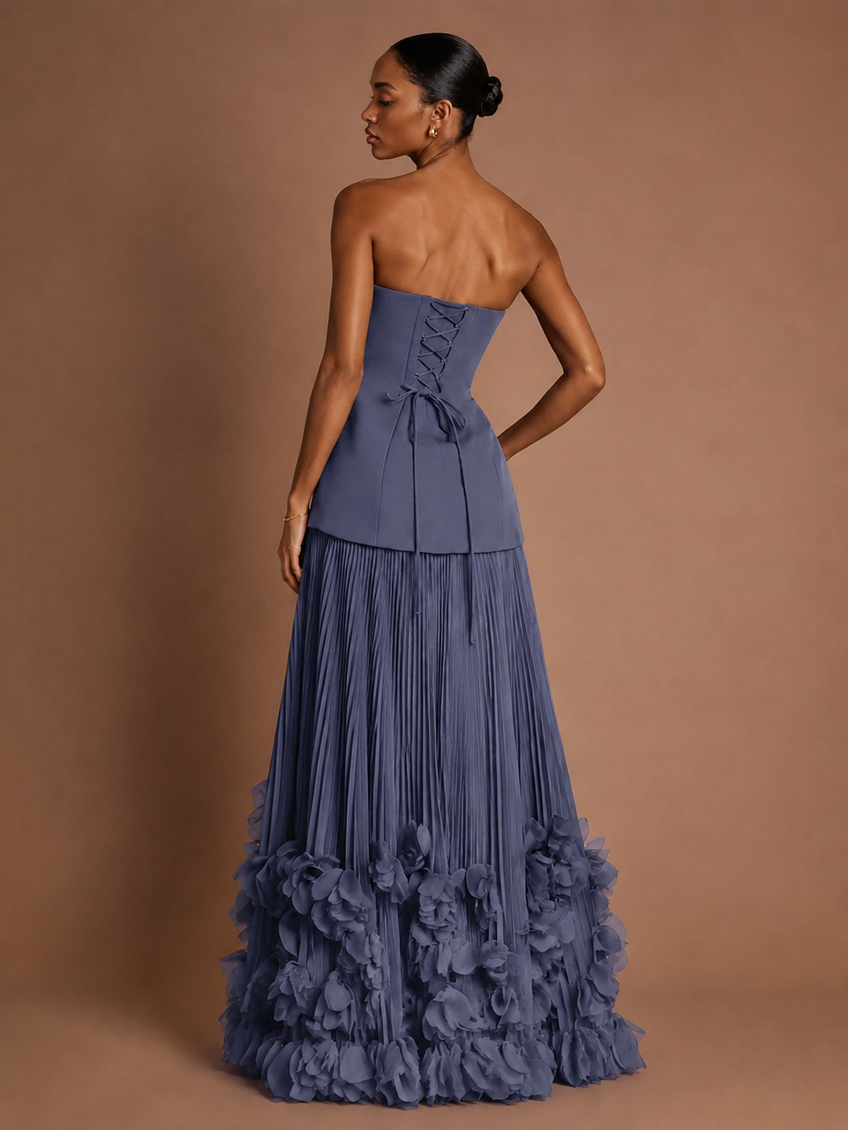 Strapless Pleated Floral Satin Formal Dress with Side Slit