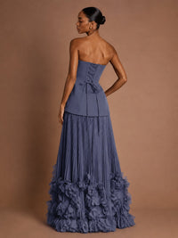 Strapless Pleated Floral Satin Formal Dress with Side Slit