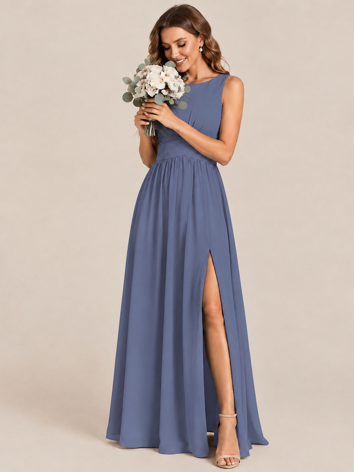 A-line Sleeveless Rucehd Chiffon Bridesmaid Dress with High Slit
