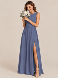 A-line Sleeveless Rucehd Chiffon Bridesmaid Dress with High Slit