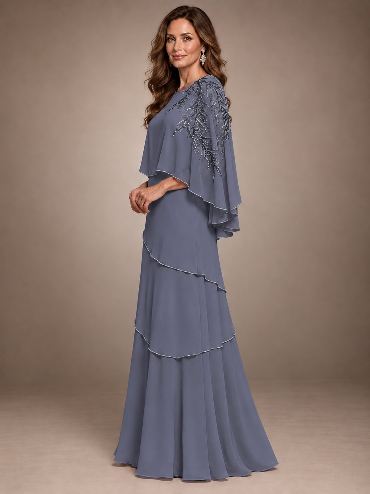 Elegant Chiffon Cape Sleeve Beaded Mother of the Bride Dress