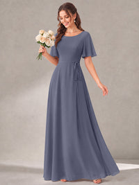 Scoop Neck A-line Chiffon Bridesmaid Dress with Flutter Sleeve & Belt