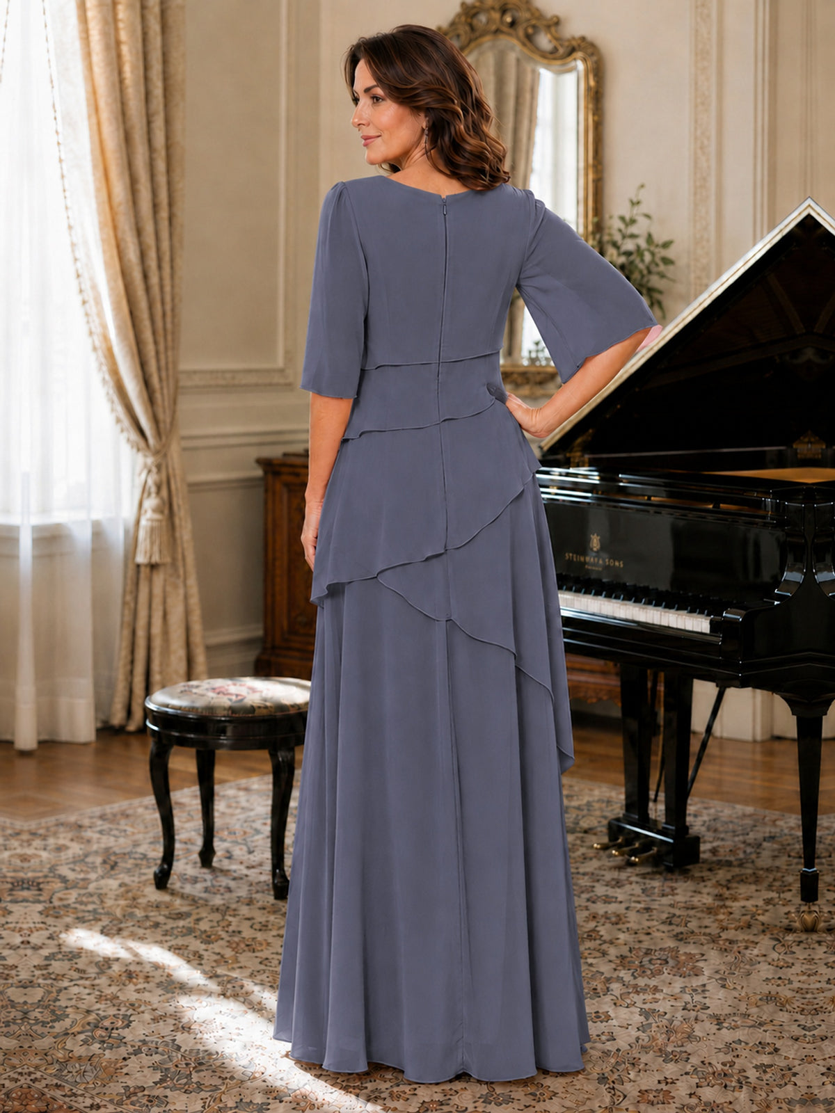 Asymmetric Draped Chiffon Mother of the Bride Dress with Flutter Sleeves