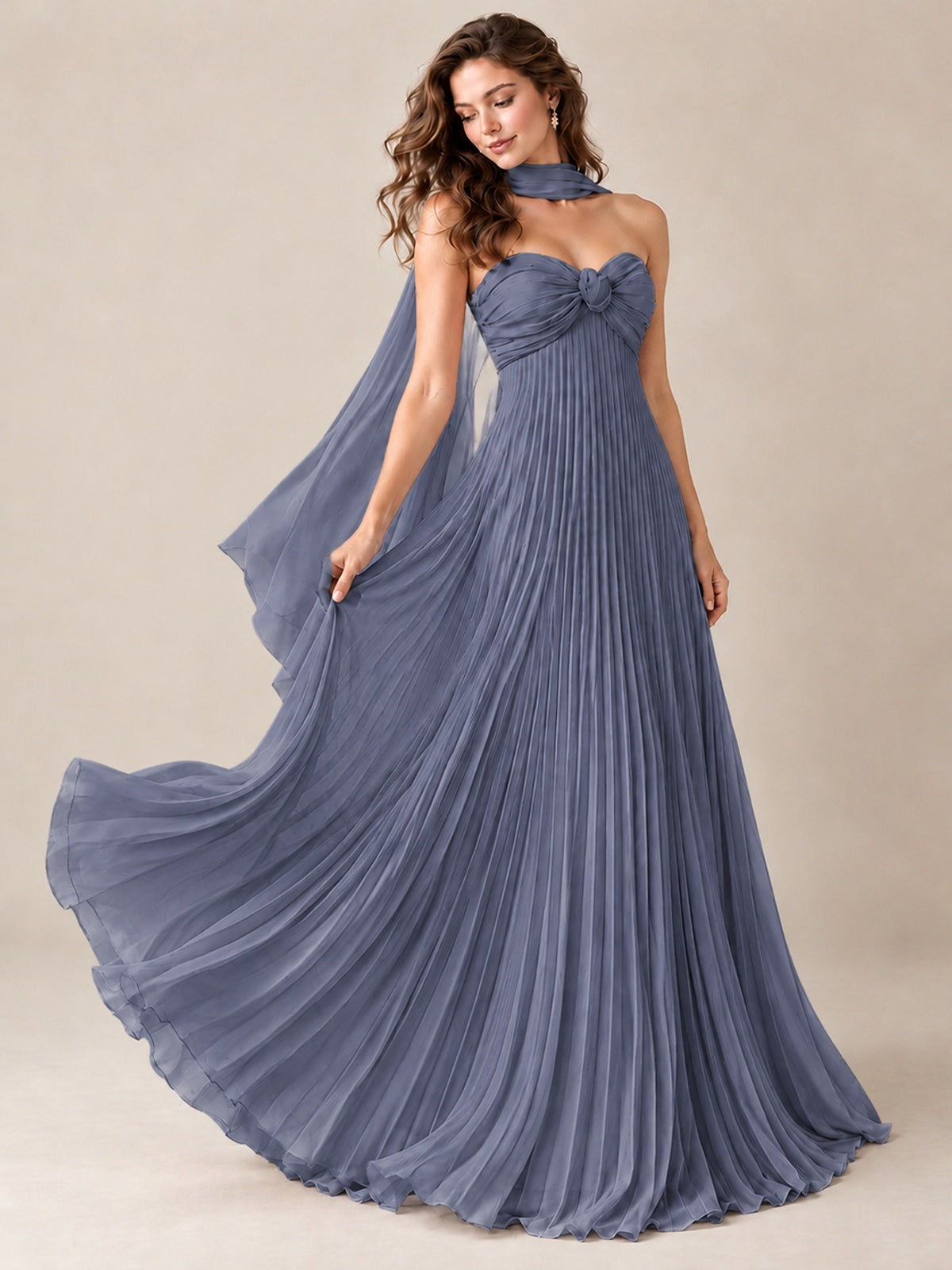 Sweetheart Neckline Pleated Prom Dress Strapless A-line Formal Dress with Flowy Scarf