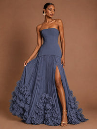 Strapless Pleated Floral Satin Formal Dress with Side Slit