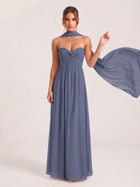 Strapless Ruched Chiffon Long Prom Dress with Scarf