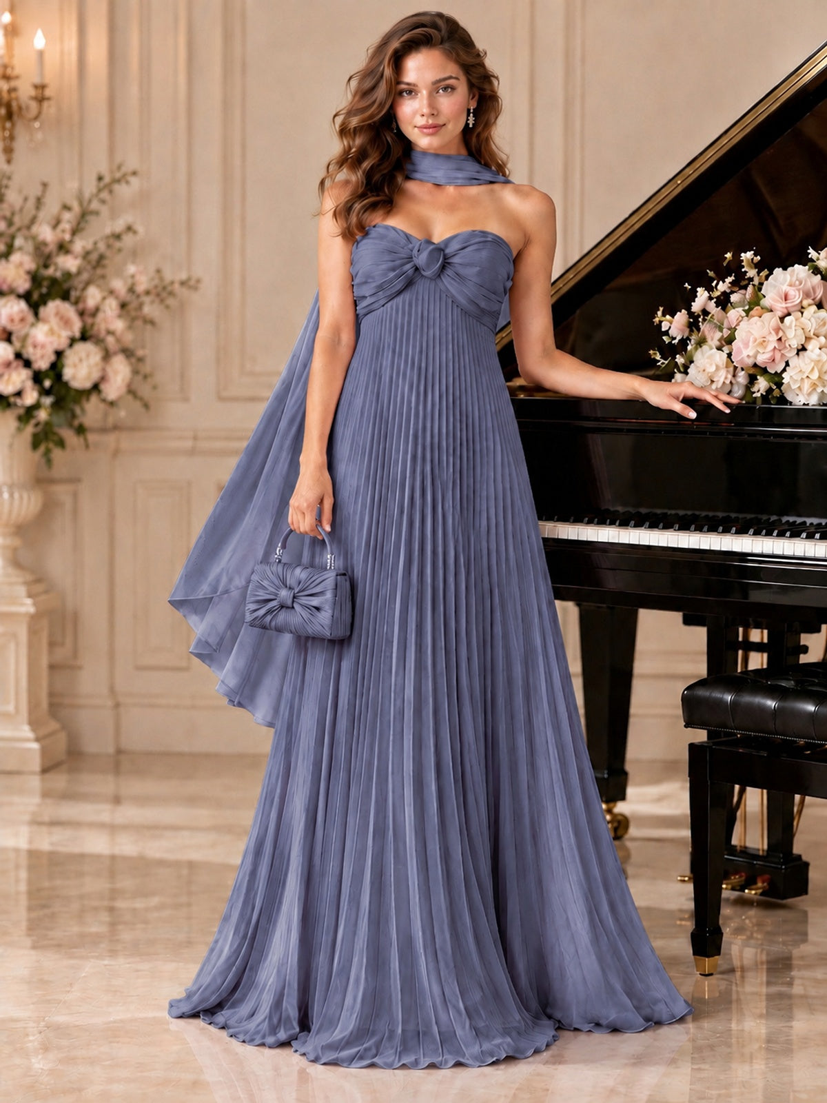 Sweetheart Neckline Pleated Prom Dress Strapless A-line Formal Dress with Flowy Scarf