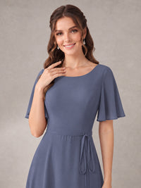 Scoop Neck A-line Chiffon Bridesmaid Dress with Flutter Sleeve & Belt