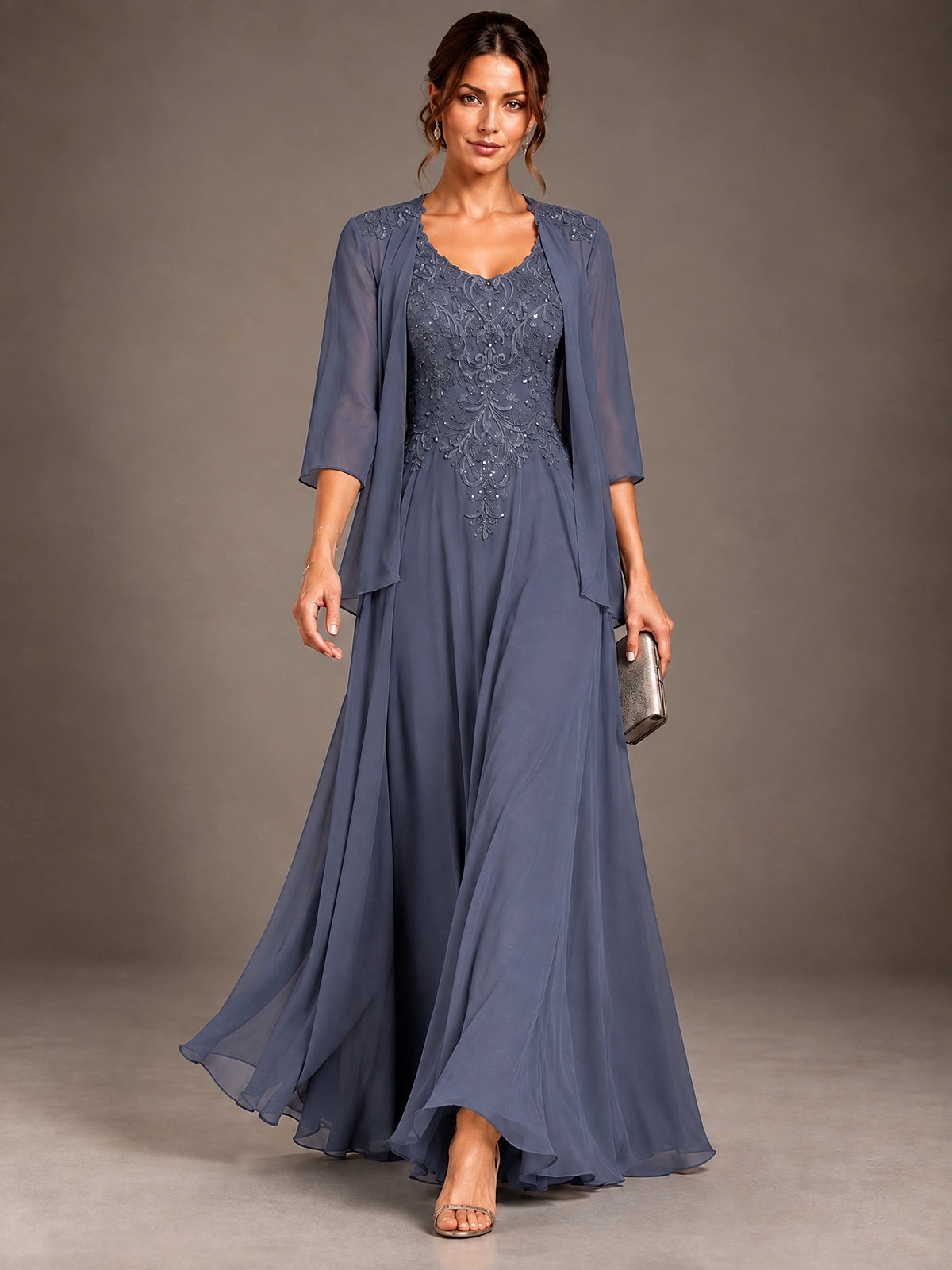 A-line 2 Pieces Chiffon Appliques Mother of The Bride Dresses with Jackets
