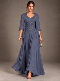 A-line 2 Pieces Chiffon Appliques Mother of The Bride Dresses with Jackets